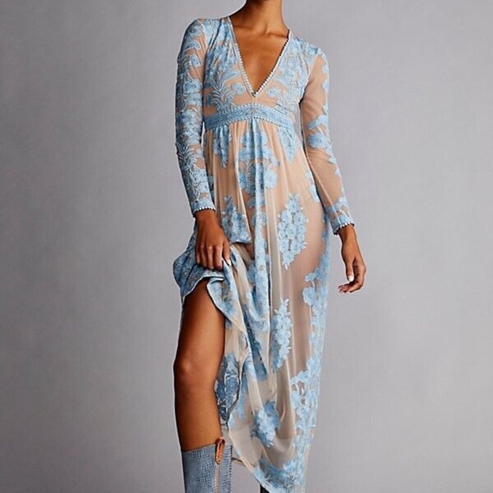 For Love & Lemons x Free People Temecula Maxi Dress in Light Blue